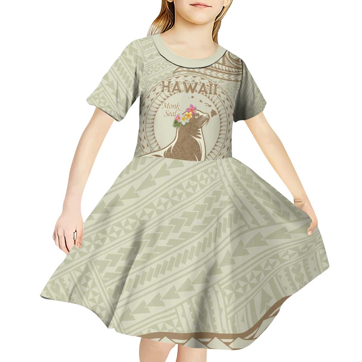 Personalised Hawaii Monk Seal Kid Short Sleeve Dress Polynesian Tattoo With Tropical Flowers - Beige Pastel LT14 - Polynesian Pride