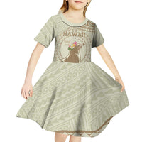 Personalised Hawaii Monk Seal Kid Short Sleeve Dress Polynesian Tattoo With Tropical Flowers - Beige Pastel LT14 - Polynesian Pride