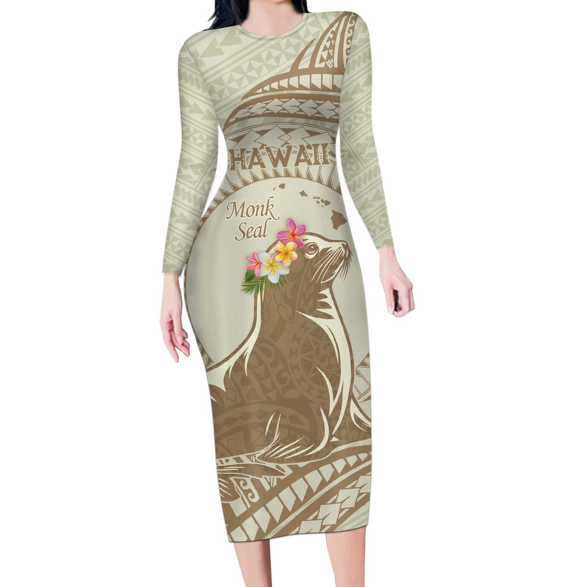 Personalised Hawaii Monk Seal Long Sleeve Bodycon Dress Polynesian Tattoo With Tropical Flowers - Beige Pastel LT14 Long Dress Beige - Polynesian Pride