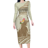 Personalised Hawaii Monk Seal Long Sleeve Bodycon Dress Polynesian Tattoo With Tropical Flowers - Beige Pastel LT14 Long Dress Beige - Polynesian Pride