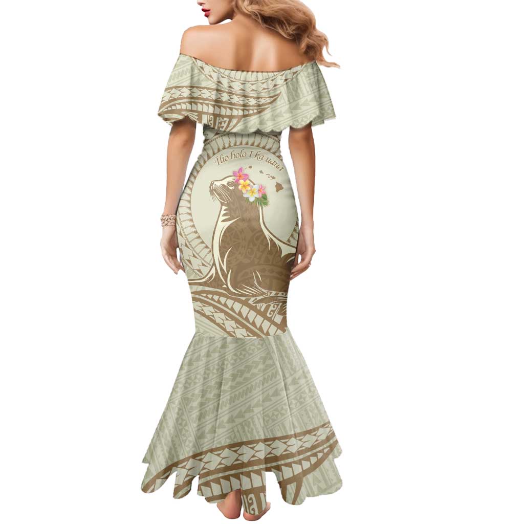 Personalised Hawaii Monk Seal Mermaid Dress Polynesian Tattoo With Tropical Flowers - Beige Pastel LT14 - Polynesian Pride