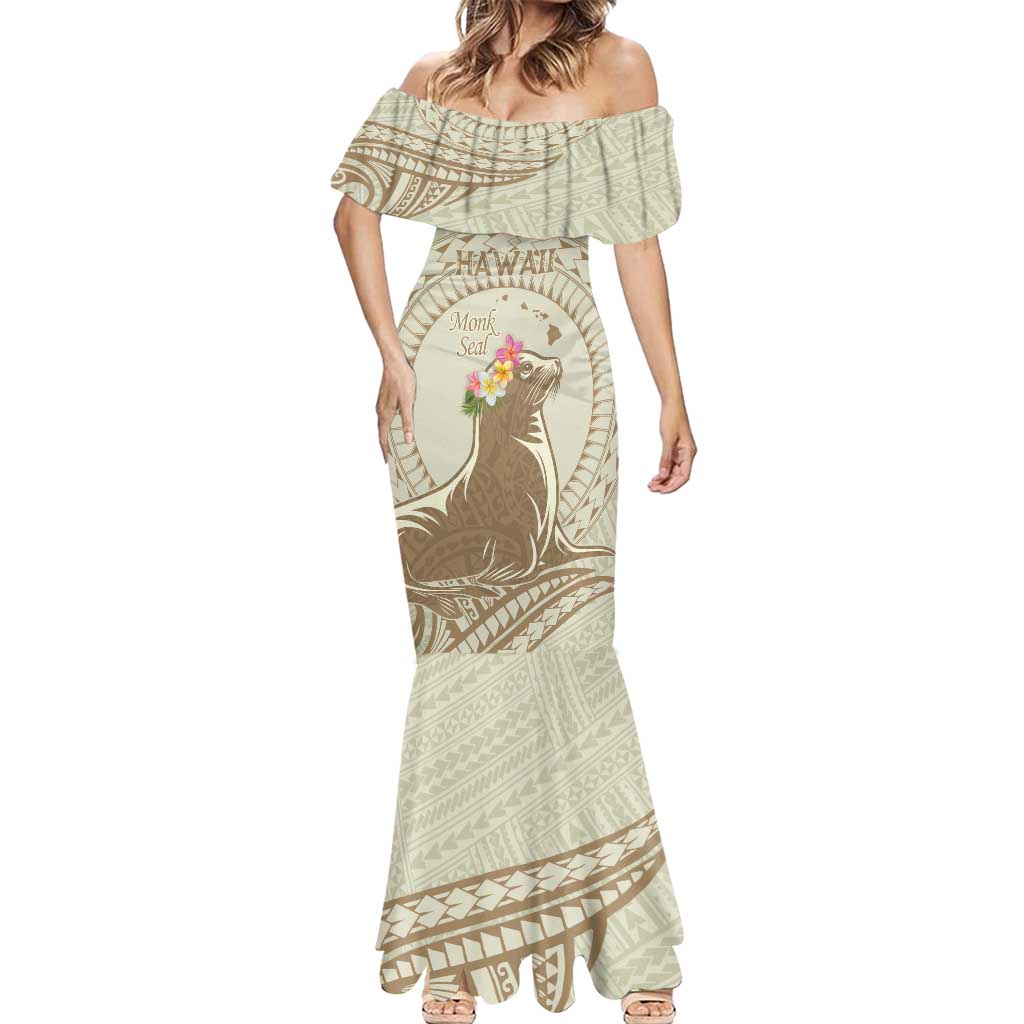 Personalised Hawaii Monk Seal Mermaid Dress Polynesian Tattoo With Tropical Flowers - Beige Pastel LT14 - Polynesian Pride