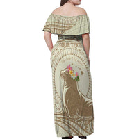 Personalised Hawaii Monk Seal Off Shoulder Maxi Dress Polynesian Tattoo With Tropical Flowers - Beige Pastel LT14 - Polynesian Pride