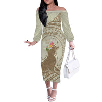 Personalised Hawaii Monk Seal Off The Shoulder Long Sleeve Dress Polynesian Tattoo With Tropical Flowers - Beige Pastel LT14 Women Beige - Polynesian Pride