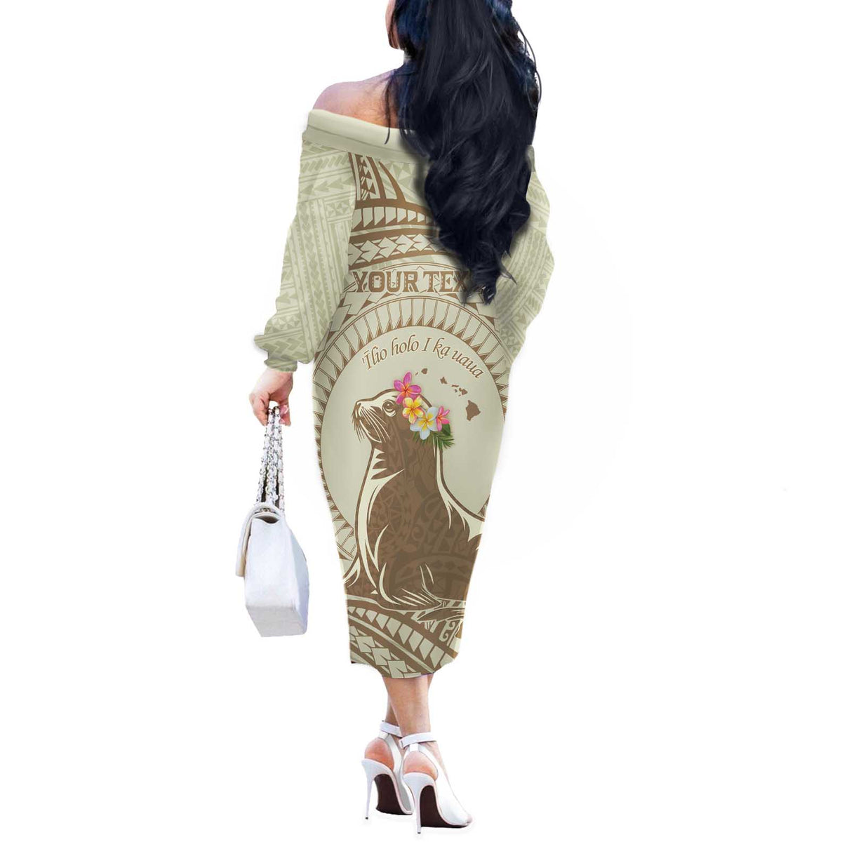 Personalised Hawaii Monk Seal Off The Shoulder Long Sleeve Dress Polynesian Tattoo With Tropical Flowers - Beige Pastel LT14 - Polynesian Pride