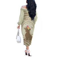 Personalised Hawaii Monk Seal Off The Shoulder Long Sleeve Dress Polynesian Tattoo With Tropical Flowers - Beige Pastel LT14 - Polynesian Pride