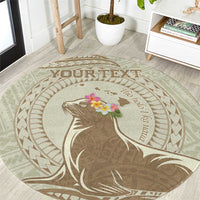 Personalised Hawaii Monk Seal Round Carpet Polynesian Tattoo With Tropical Flowers - Beige Pastel LT14 Beige - Polynesian Pride