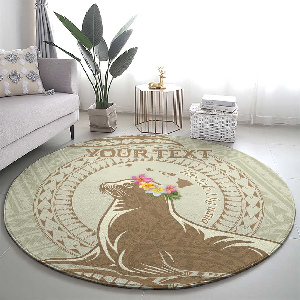 Personalised Hawaii Monk Seal Round Carpet Polynesian Tattoo With Tropical Flowers - Beige Pastel LT14 - Polynesian Pride