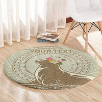 Personalised Hawaii Monk Seal Round Carpet Polynesian Tattoo With Tropical Flowers - Beige Pastel LT14 - Polynesian Pride