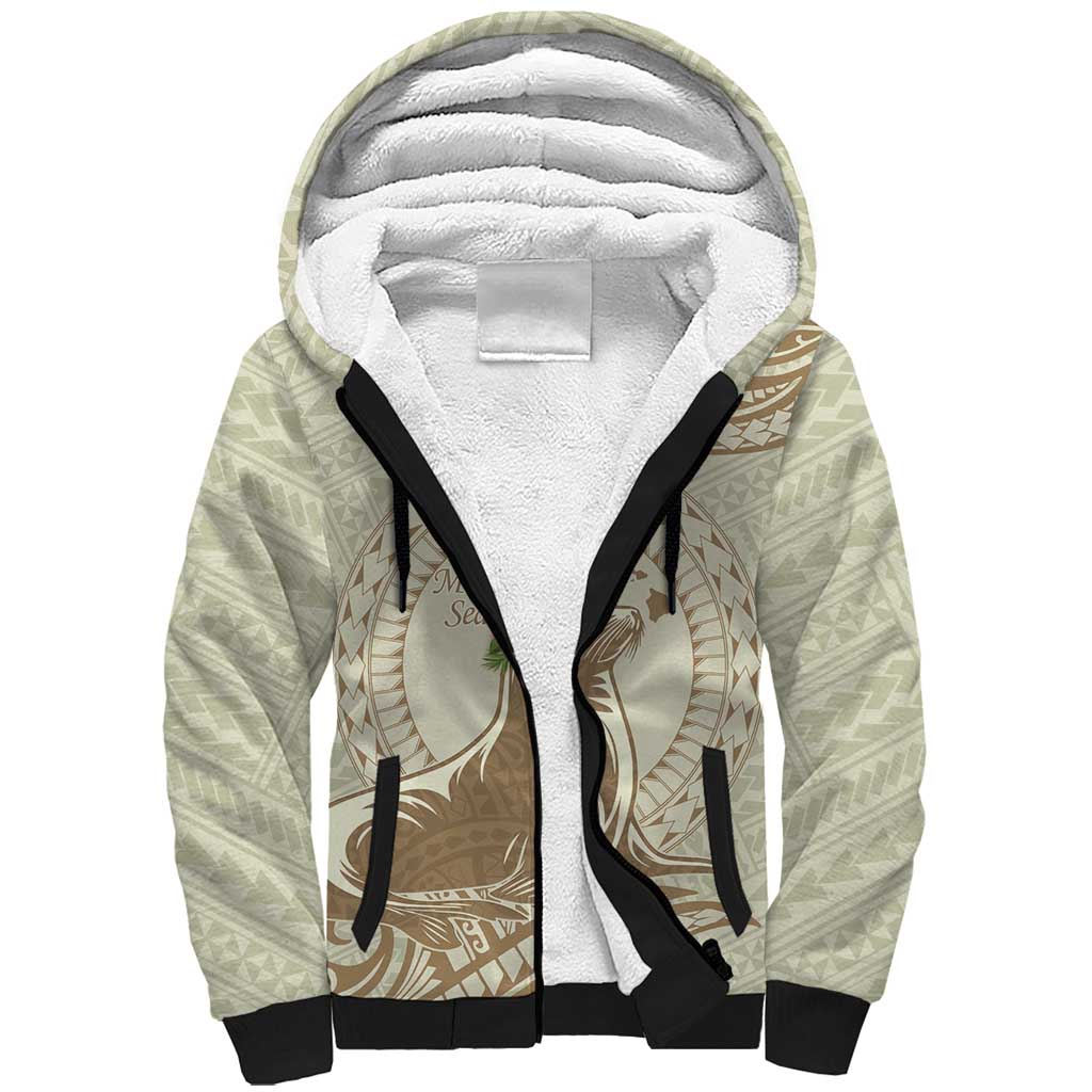 Personalised Hawaii Monk Seal Sherpa Hoodie Polynesian Tattoo With Tropical Flowers - Beige Pastel LT14 Unisex Beige - Polynesian Pride