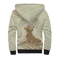 Personalised Hawaii Monk Seal Sherpa Hoodie Polynesian Tattoo With Tropical Flowers - Beige Pastel LT14 - Polynesian Pride