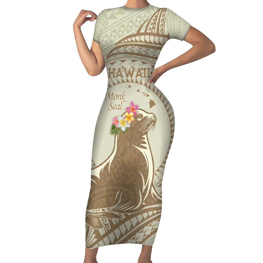 Personalised Hawaii Monk Seal Short Sleeve Bodycon Dress Polynesian Tattoo With Tropical Flowers - Beige Pastel LT14 Long Dress Beige - Polynesian Pride