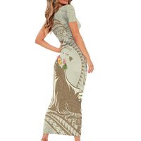 Personalised Hawaii Monk Seal Short Sleeve Bodycon Dress Polynesian Tattoo With Tropical Flowers - Beige Pastel LT14 - Polynesian Pride