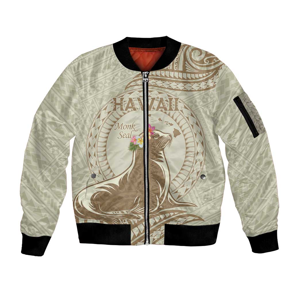 Personalised Hawaii Monk Seal Sleeve Zip Bomber Jacket Polynesian Tattoo With Tropical Flowers - Beige Pastel LT14 Unisex Beige - Polynesian Pride