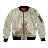 Personalised Hawaii Monk Seal Sleeve Zip Bomber Jacket Polynesian Tattoo With Tropical Flowers - Beige Pastel LT14 Unisex Beige - Polynesian Pride