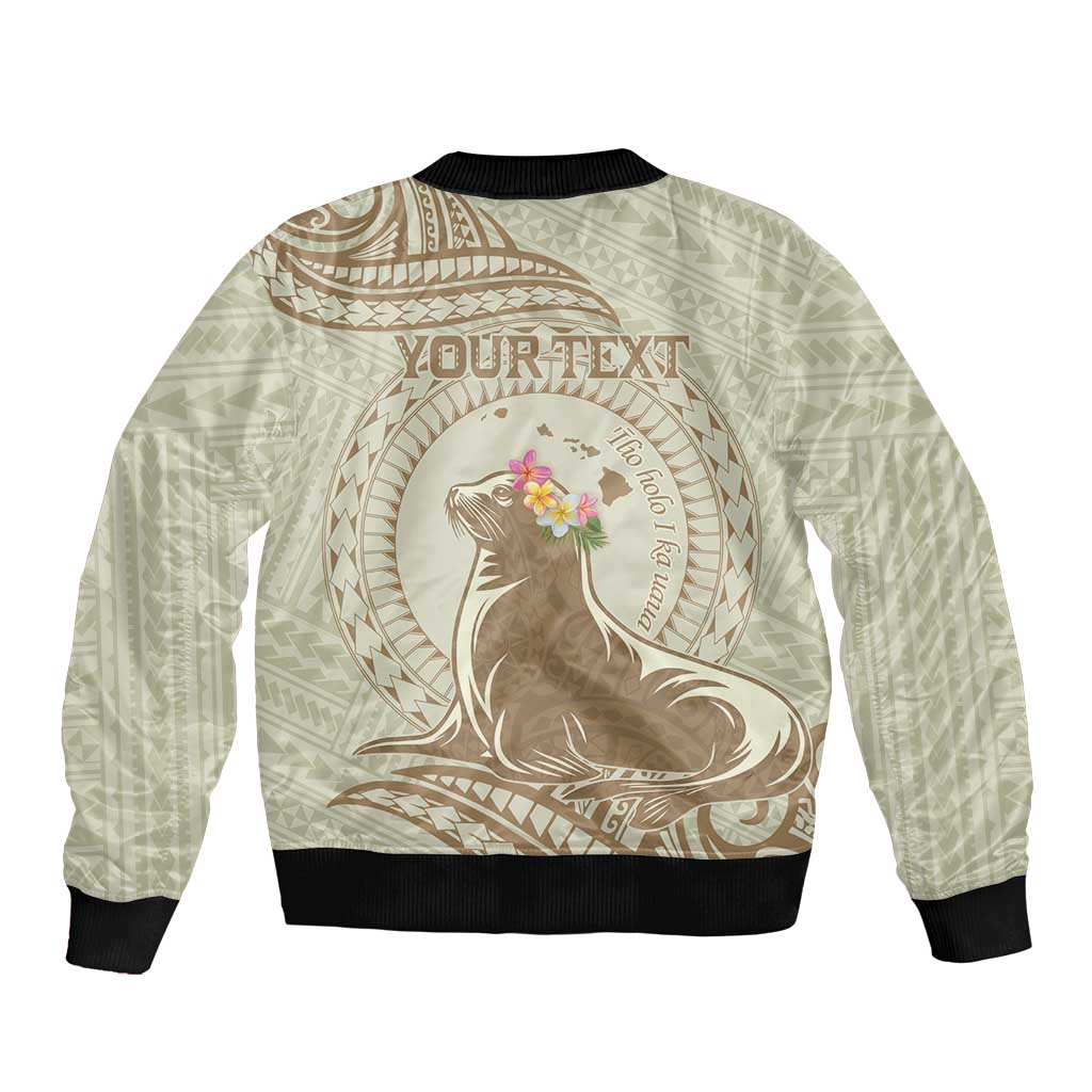 Personalised Hawaii Monk Seal Sleeve Zip Bomber Jacket Polynesian Tattoo With Tropical Flowers - Beige Pastel LT14 - Polynesian Pride