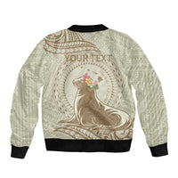 Personalised Hawaii Monk Seal Sleeve Zip Bomber Jacket Polynesian Tattoo With Tropical Flowers - Beige Pastel LT14 - Polynesian Pride