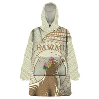 Personalised Hawaii Monk Seal Wearable Blanket Hoodie Polynesian Tattoo With Tropical Flowers - Beige Pastel LT14 One Size Beige - Polynesian Pride