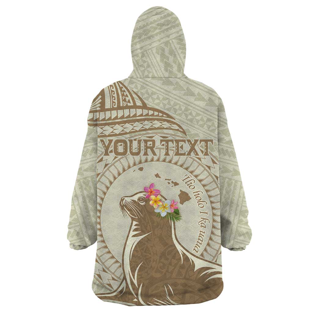 Personalised Hawaii Monk Seal Wearable Blanket Hoodie Polynesian Tattoo With Tropical Flowers - Beige Pastel LT14 - Polynesian Pride