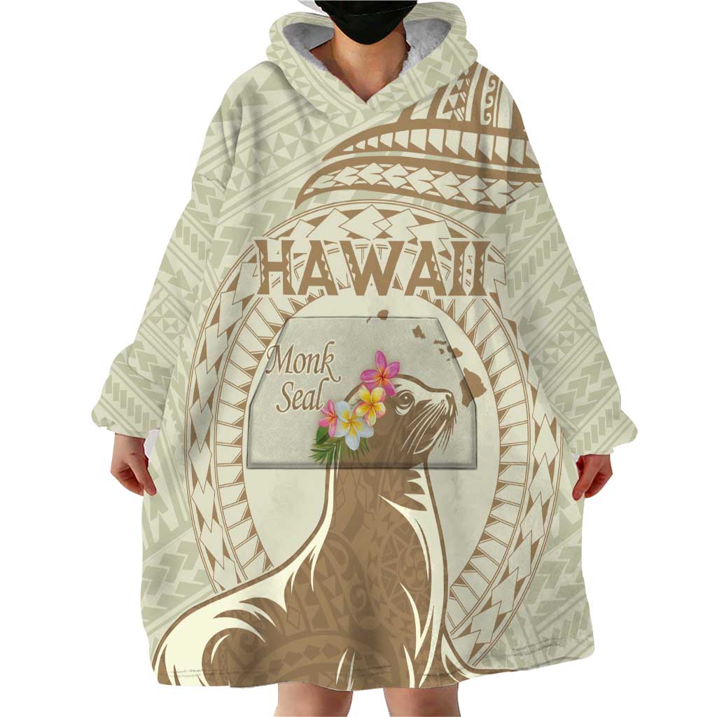 Personalised Hawaii Monk Seal Wearable Blanket Hoodie Polynesian Tattoo With Tropical Flowers - Beige Pastel LT14 - Polynesian Pride
