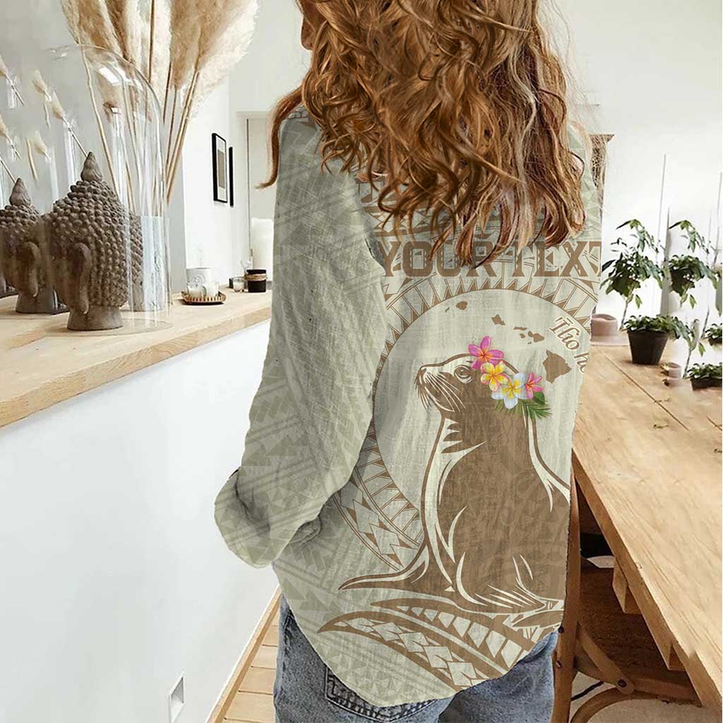 Personalised Hawaii Monk Seal Women Casual Shirt Polynesian Tattoo With Tropical Flowers - Beige Pastel LT14 - Polynesian Pride