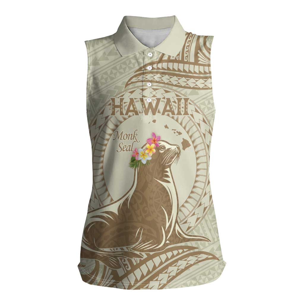 Personalised Hawaii Monk Seal Women Sleeveless Polo Shirt Polynesian Tattoo With Tropical Flowers - Beige Pastel LT14 Female Beige - Polynesian Pride