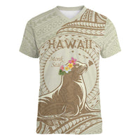 Personalised Hawaii Monk Seal Women V-Neck T-Shirt Polynesian Tattoo With Tropical Flowers - Beige Pastel LT14 Female Beige - Polynesian Pride