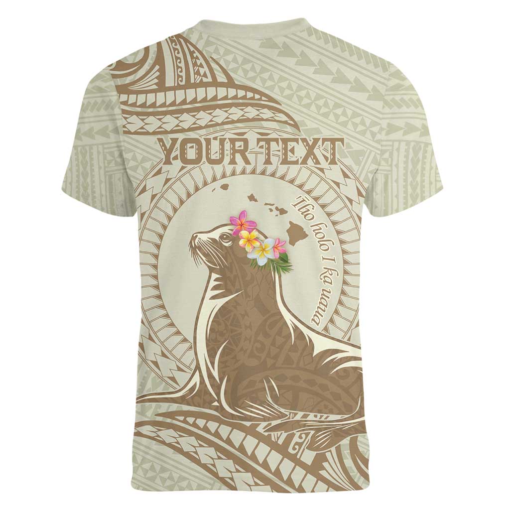 Personalised Hawaii Monk Seal Women V-Neck T-Shirt Polynesian Tattoo With Tropical Flowers - Beige Pastel LT14 - Polynesian Pride