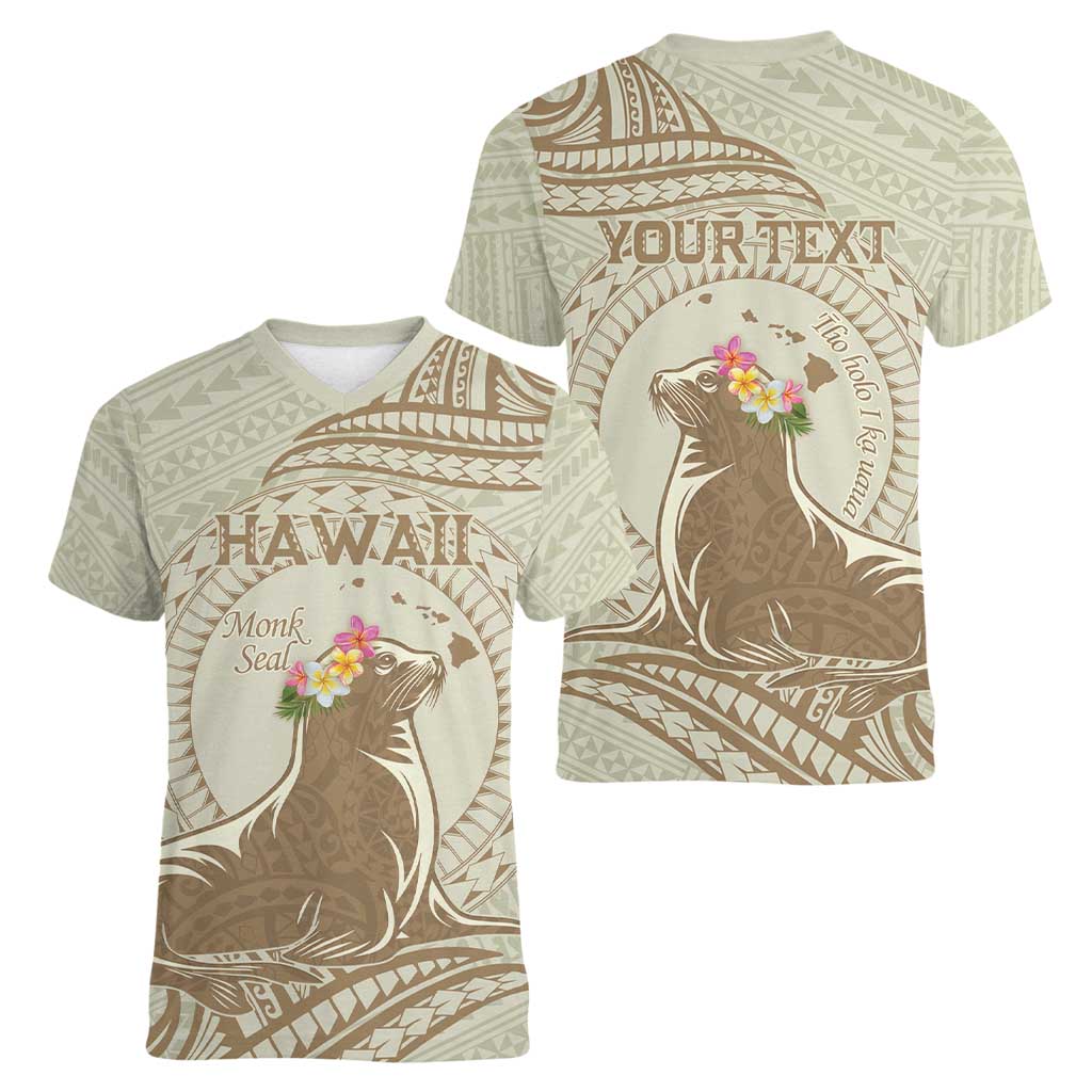 Personalised Hawaii Monk Seal Women V-Neck T-Shirt Polynesian Tattoo With Tropical Flowers - Beige Pastel LT14 - Polynesian Pride
