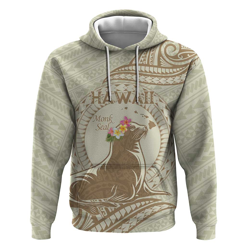 Personalised Hawaii Monk Seal Zip Hoodie Polynesian Tattoo With Tropical Flowers - Beige Pastel