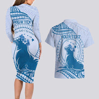 Personalised Hawaii Monk Seal Couples Matching Long Sleeve Bodycon Dress and Hawaiian Shirt Polynesian Tattoo With Tropical Flowers - Blue Pastel LT14 - Polynesian Pride