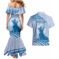 Personalised Hawaii Monk Seal Couples Matching Mermaid Dress and Hawaiian Shirt Polynesian Tattoo With Tropical Flowers - Blue Pastel LT14 - Polynesian Pride