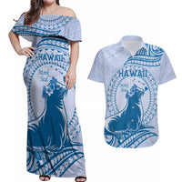 Personalised Hawaii Monk Seal Couples Matching Off Shoulder Maxi Dress and Hawaiian Shirt Polynesian Tattoo With Tropical Flowers - Blue Pastel LT14 Blue - Polynesian Pride