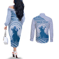 Personalised Hawaii Monk Seal Couples Matching Off The Shoulder Long Sleeve Dress and Long Sleeve Button Shirt Polynesian Tattoo With Tropical Flowers - Blue Pastel