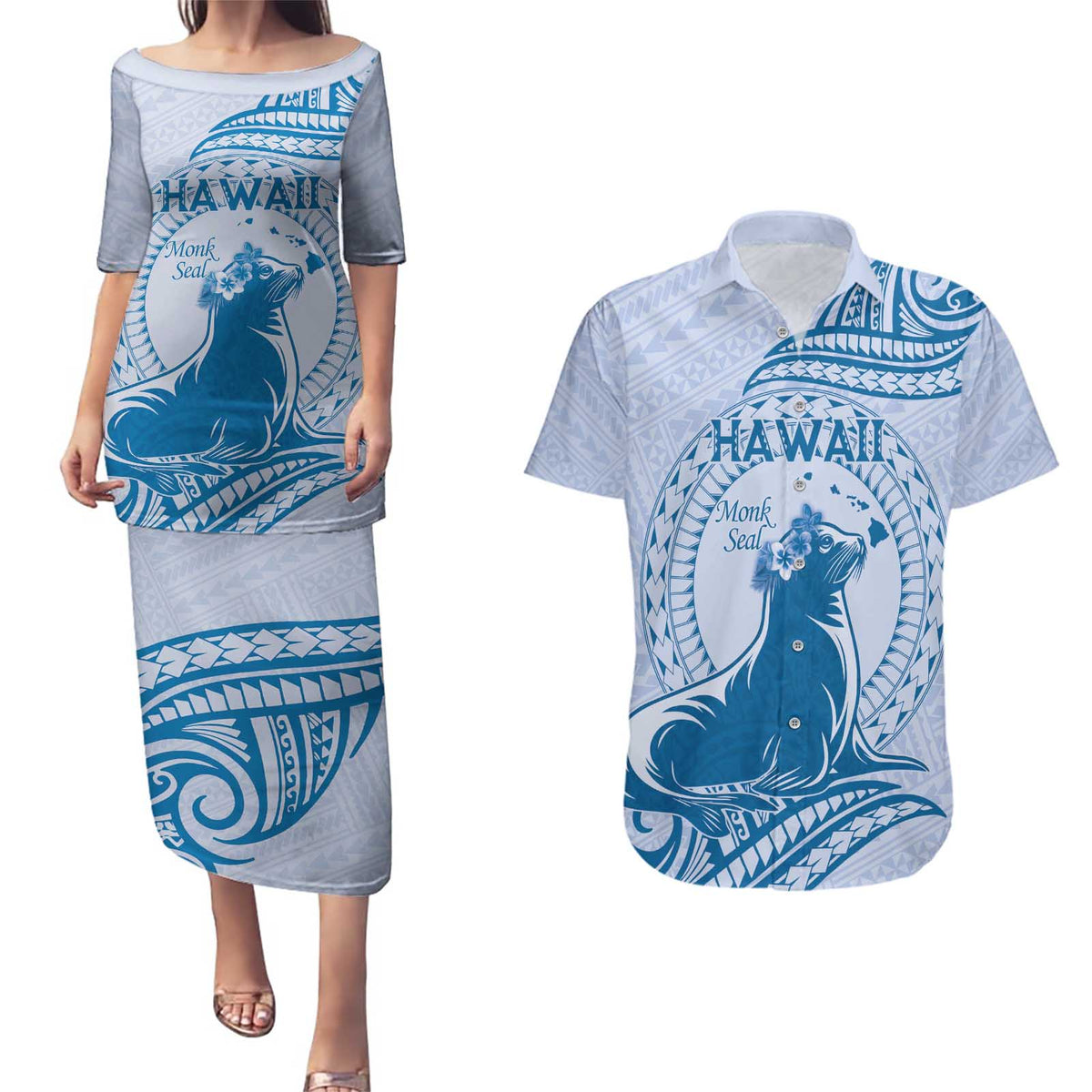 Personalised Hawaii Monk Seal Couples Matching Puletasi and Hawaiian Shirt Polynesian Tattoo With Tropical Flowers - Blue Pastel LT14 Blue - Polynesian Pride