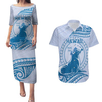 Personalised Hawaii Monk Seal Couples Matching Puletasi and Hawaiian Shirt Polynesian Tattoo With Tropical Flowers - Blue Pastel LT14 Blue - Polynesian Pride