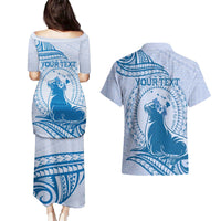 Personalised Hawaii Monk Seal Couples Matching Puletasi and Hawaiian Shirt Polynesian Tattoo With Tropical Flowers - Blue Pastel LT14 - Polynesian Pride