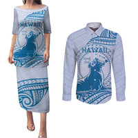 Personalised Hawaii Monk Seal Couples Matching Puletasi and Long Sleeve Button Shirt Polynesian Tattoo With Tropical Flowers - Blue Pastel LT14 Blue - Polynesian Pride