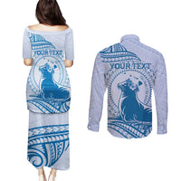 Personalised Hawaii Monk Seal Couples Matching Puletasi and Long Sleeve Button Shirt Polynesian Tattoo With Tropical Flowers - Blue Pastel LT14 - Polynesian Pride