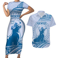 Personalised Hawaii Monk Seal Couples Matching Short Sleeve Bodycon Dress and Hawaiian Shirt Polynesian Tattoo With Tropical Flowers - Blue Pastel LT14 Blue - Polynesian Pride