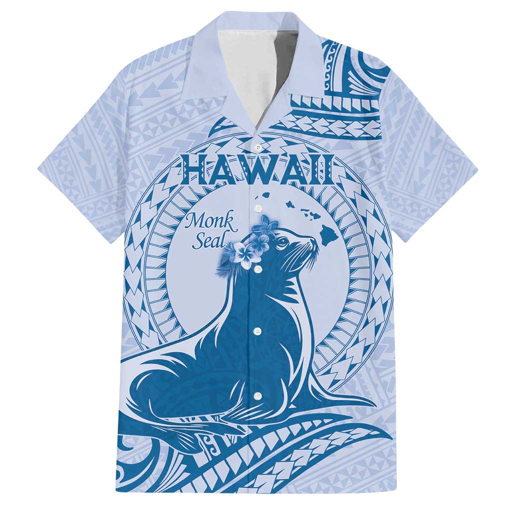 Personalised Hawaii Monk Seal Family Matching Long Sleeve Bodycon Dress and Hawaiian Shirt Polynesian Tattoo With Tropical Flowers - Blue Pastel