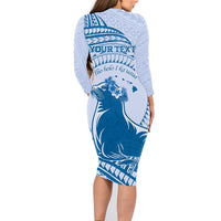Personalised Hawaii Monk Seal Family Matching Long Sleeve Bodycon Dress and Hawaiian Shirt Polynesian Tattoo With Tropical Flowers - Blue Pastel