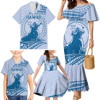 Personalised Hawaii Monk Seal Family Matching Mermaid Dress and Hawaiian Shirt Polynesian Tattoo With Tropical Flowers - Blue Pastel LT14 - Polynesian Pride