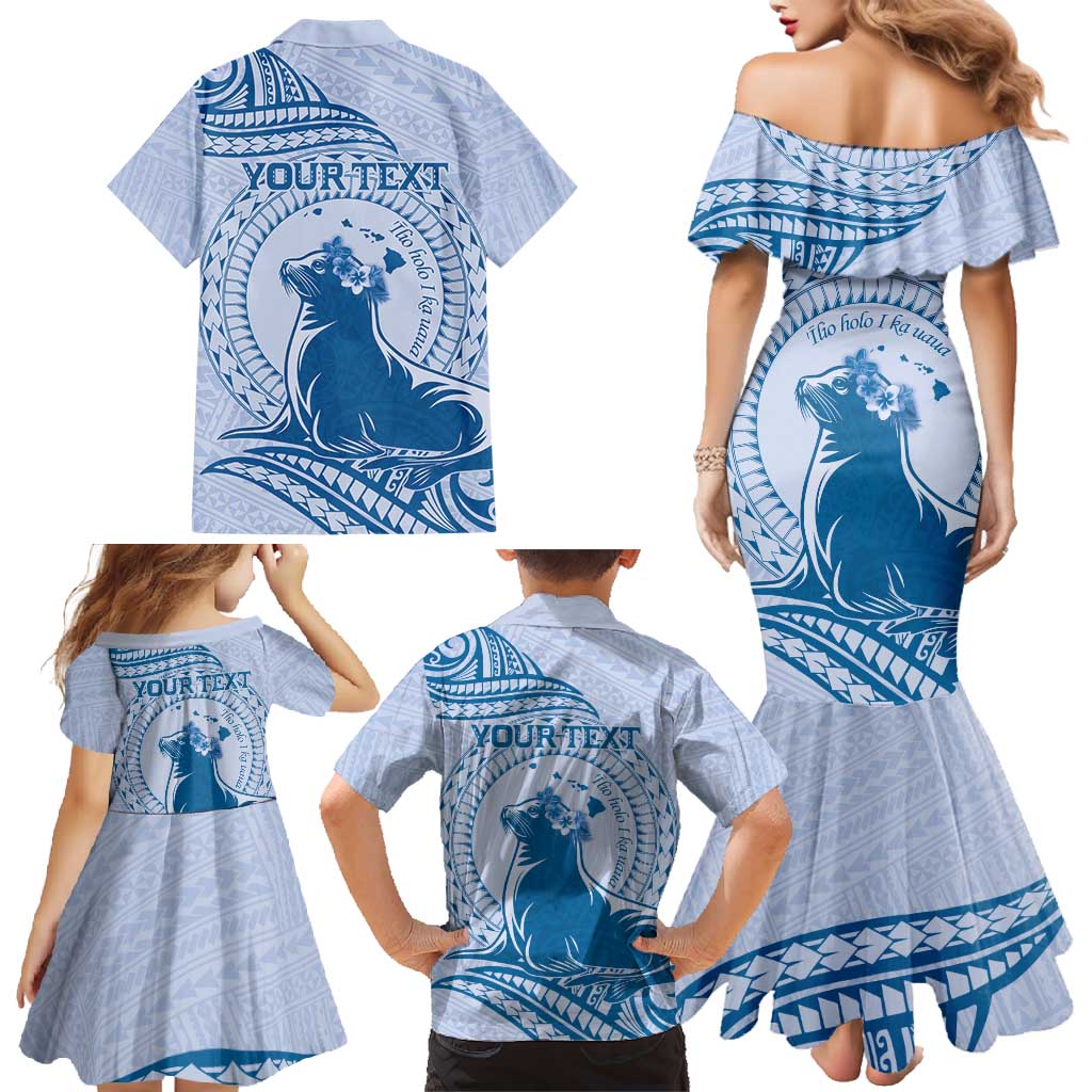 Personalised Hawaii Monk Seal Family Matching Mermaid Dress and Hawaiian Shirt Polynesian Tattoo With Tropical Flowers - Blue Pastel LT14 - Polynesian Pride