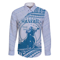 Personalised Hawaii Monk Seal Family Matching Mermaid Dress and Hawaiian Shirt Polynesian Tattoo With Tropical Flowers - Blue Pastel LT14 Dad's Shirt - Long Sleeve Blue - Polynesian Pride