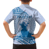 Personalised Hawaii Monk Seal Family Matching Off Shoulder Maxi Dress and Hawaiian Shirt Polynesian Tattoo With Tropical Flowers - Blue Pastel LT14 - Polynesian Pride