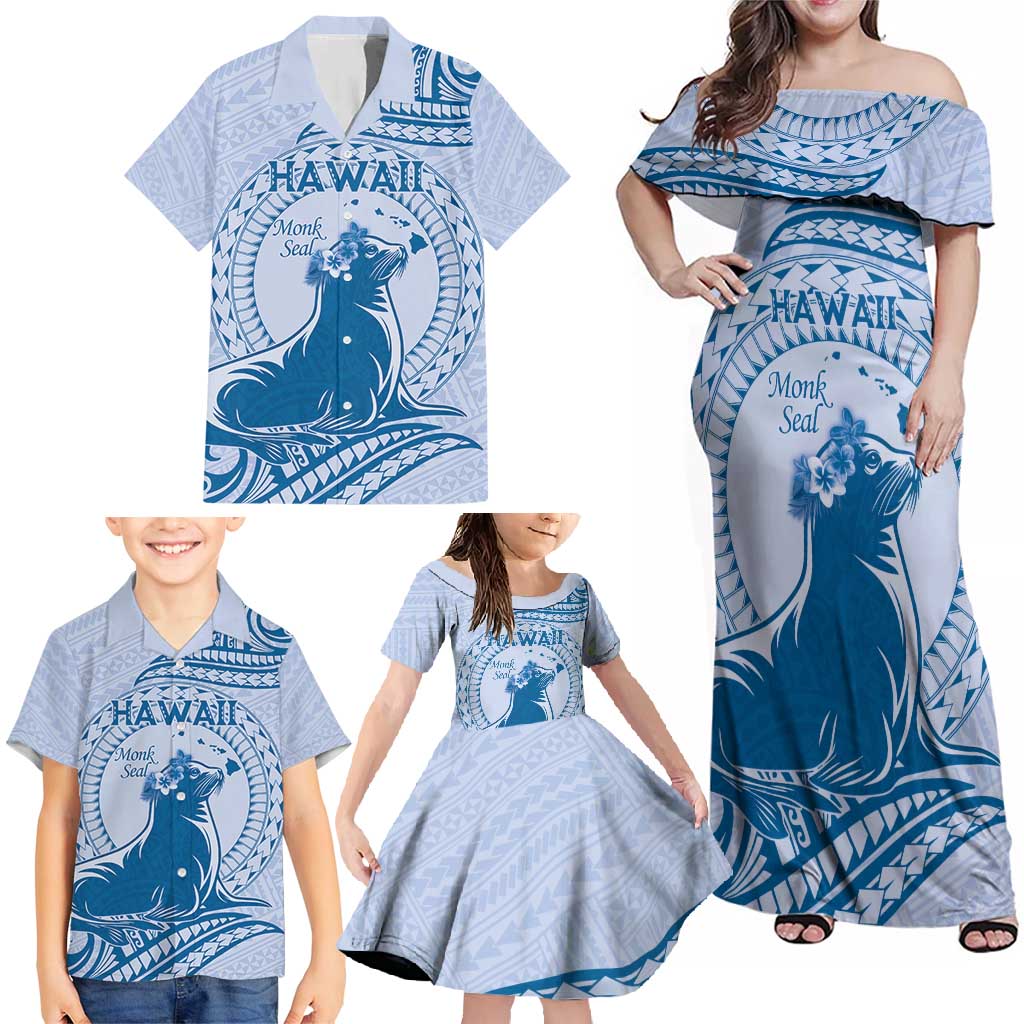 Personalised Hawaii Monk Seal Family Matching Off Shoulder Maxi Dress and Hawaiian Shirt Polynesian Tattoo With Tropical Flowers - Blue Pastel LT14 - Polynesian Pride