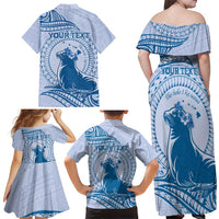 Personalised Hawaii Monk Seal Family Matching Off Shoulder Maxi Dress and Hawaiian Shirt Polynesian Tattoo With Tropical Flowers - Blue Pastel LT14 - Polynesian Pride