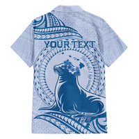 Personalised Hawaii Monk Seal Family Matching Off Shoulder Maxi Dress and Hawaiian Shirt Polynesian Tattoo With Tropical Flowers - Blue Pastel LT14 - Polynesian Pride