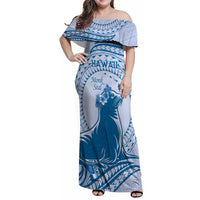 Personalised Hawaii Monk Seal Family Matching Off Shoulder Maxi Dress and Hawaiian Shirt Polynesian Tattoo With Tropical Flowers - Blue Pastel LT14 Mom's Dress Blue - Polynesian Pride
